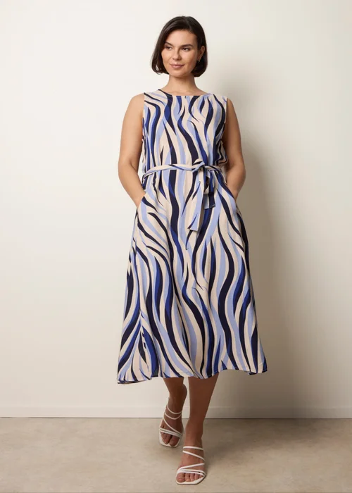 Blue Vanilla Navy Bold Wave Print Belted Dress - M Image 3