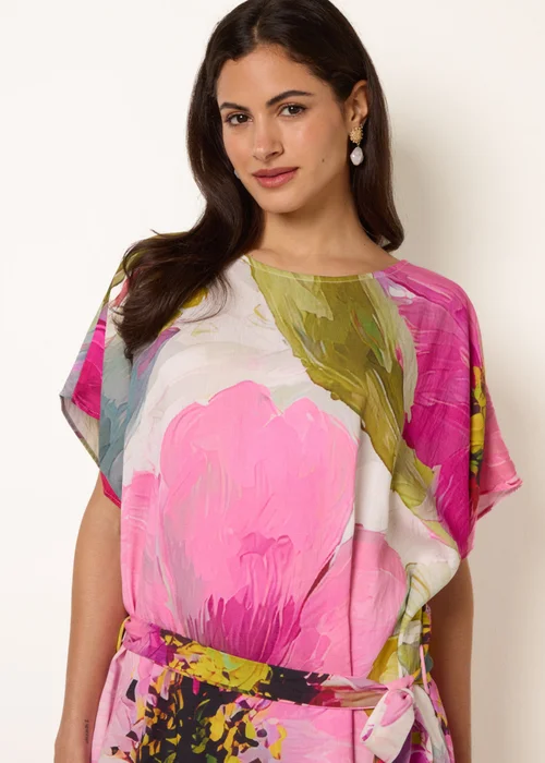Blue Vanilla Pink Painterly Floral Tie Waist Midi Dress - One Size Image 3