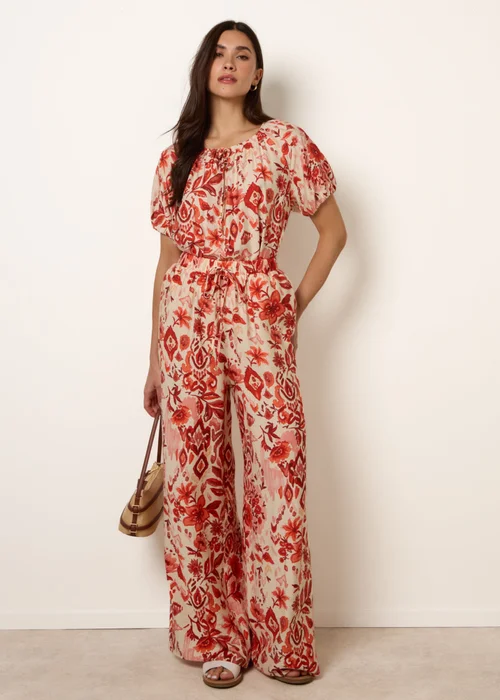 Blue Vanilla Orange Watercolour Floral Printed Wide Leg Trousers - S Image 1