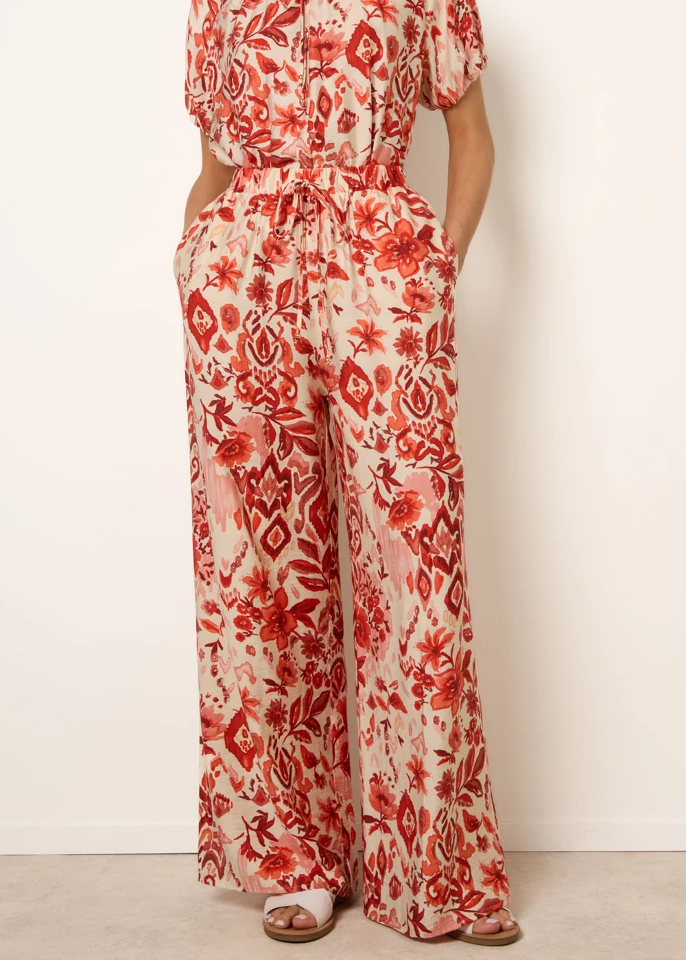 Blue Vanilla Orange Watercolour Floral Printed Wide Leg Trousers - S Image 2