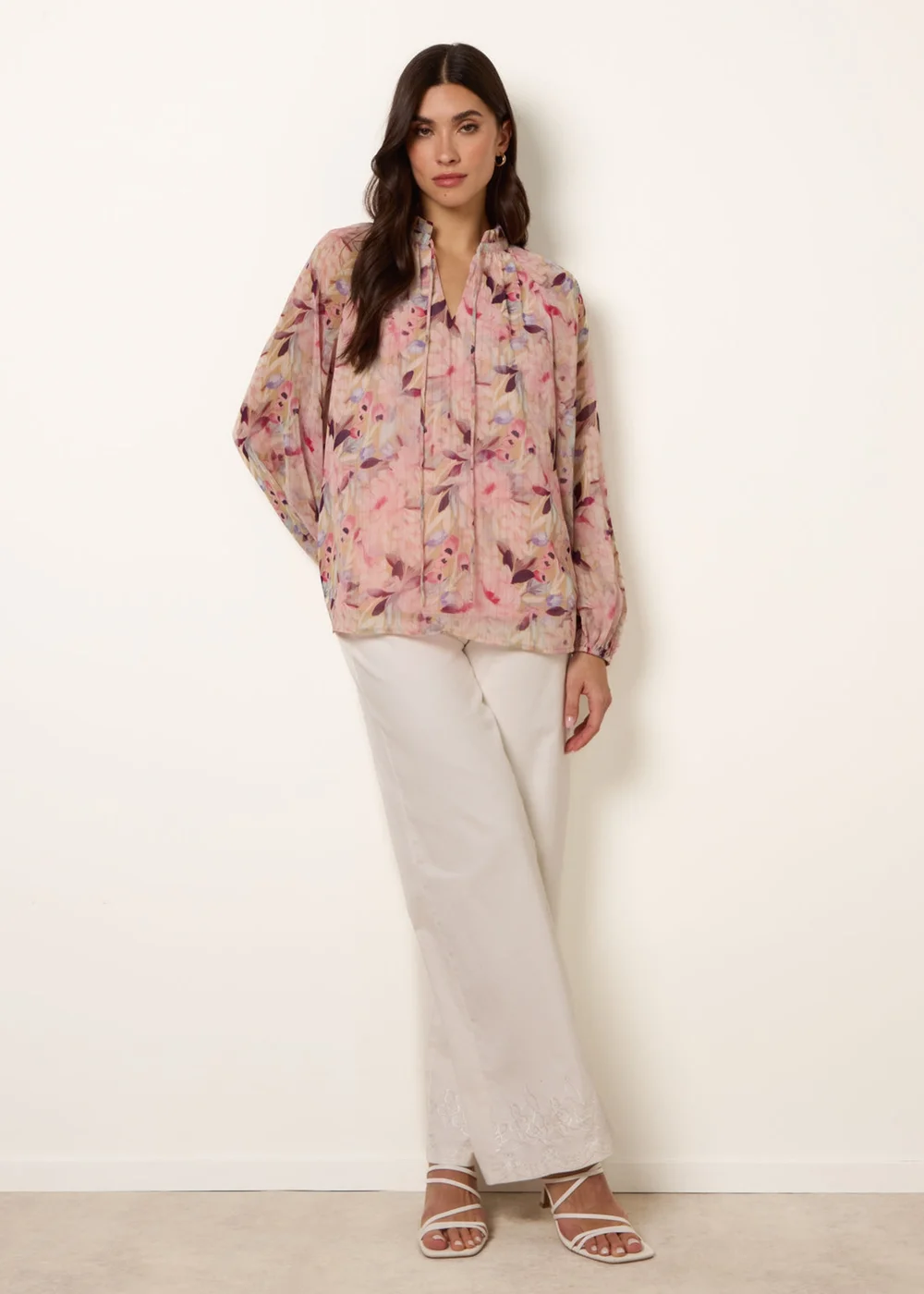 Blue Vanilla Pink Watercolour Floral Printed Tie Front Blouse - L Image 2