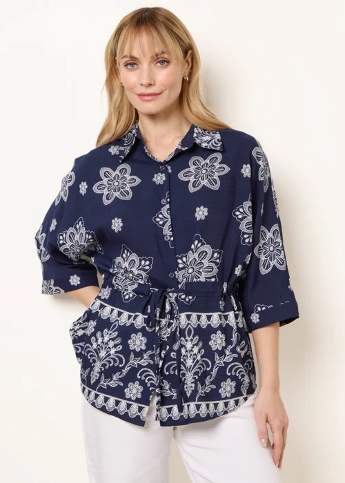 Blue Vanilla Navy Floral 3/4 Sleeve Tie Waist Shirt - S Image 1