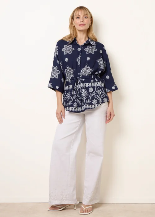 Blue Vanilla Navy Floral 3/4 Sleeve Tie Waist Shirt - S Image 2