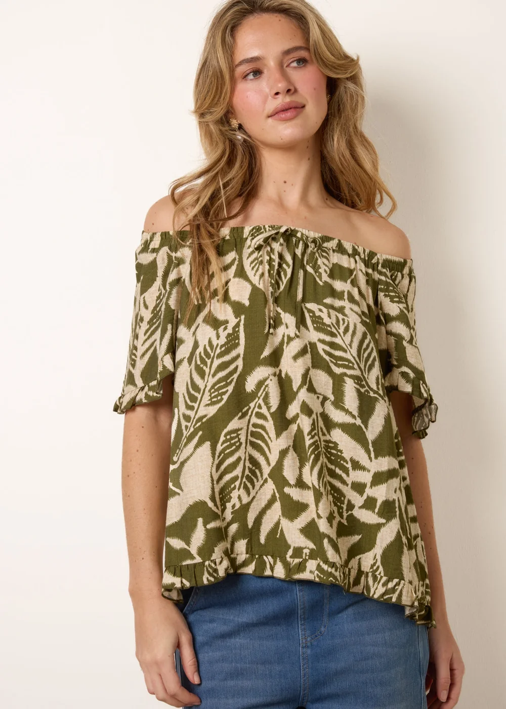 Blue Vanilla Khaki Printed Tie Front Top - S Image 2