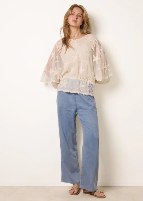 Blue Vanilla Stone Star Fish Embroidered Butterfly Sleeve Blouse - S/M Image 2