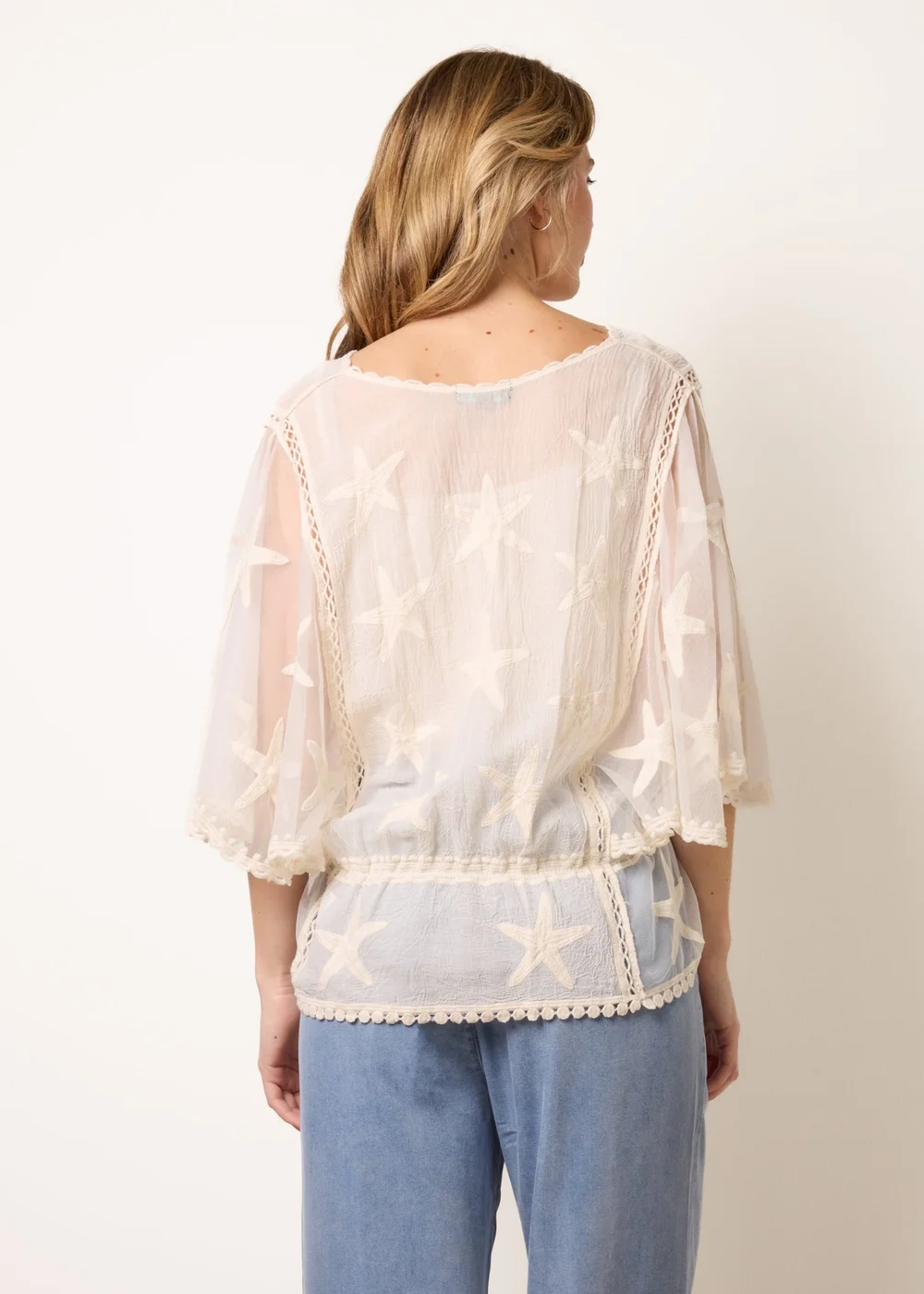 Blue Vanilla Stone Star Fish Embroidered Butterfly Sleeve Blouse - S/M Image 4