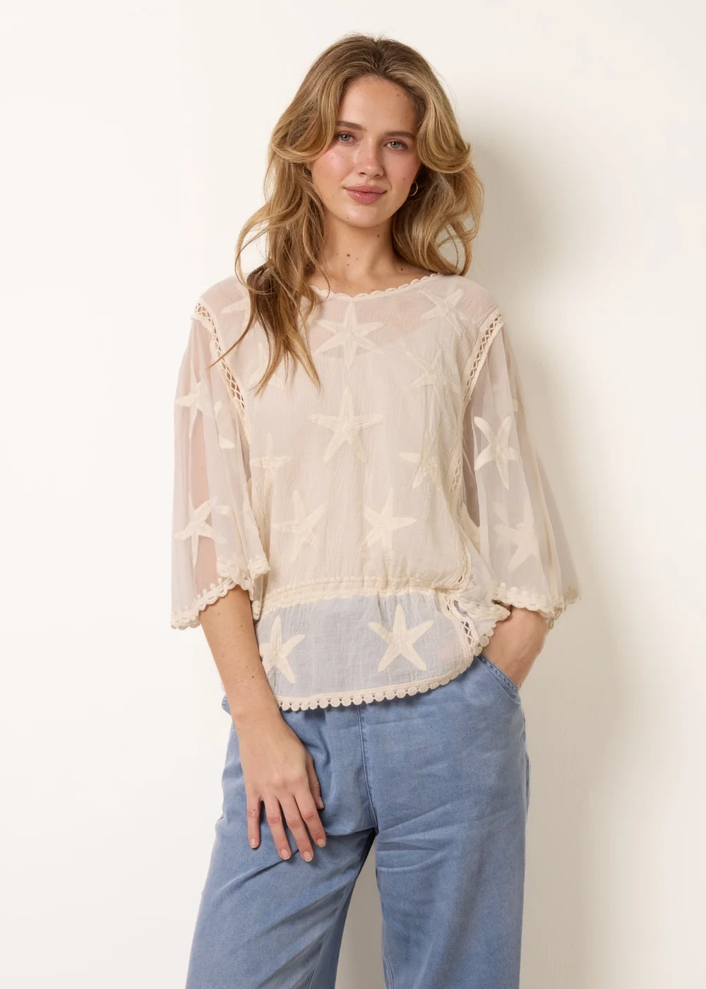 Blue Vanilla Stone Star Fish Embroidered Butterfly Sleeve Blouse - S/M Image 1