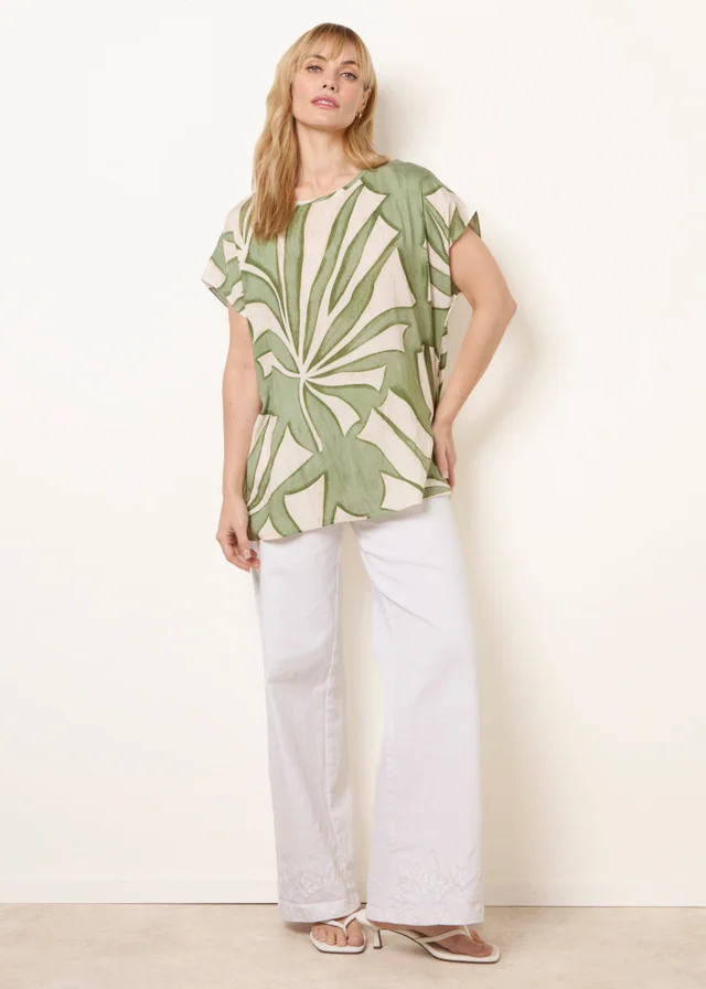 Blue Vanilla Khaki Large Floral Round Neck Top