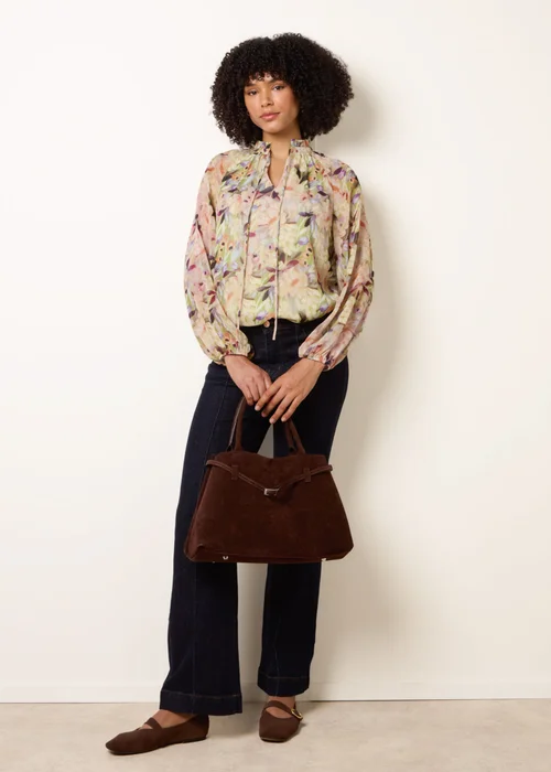 Blue Vanilla Green Watercolour Floral Printed Tie Front Blouse - S Image 2