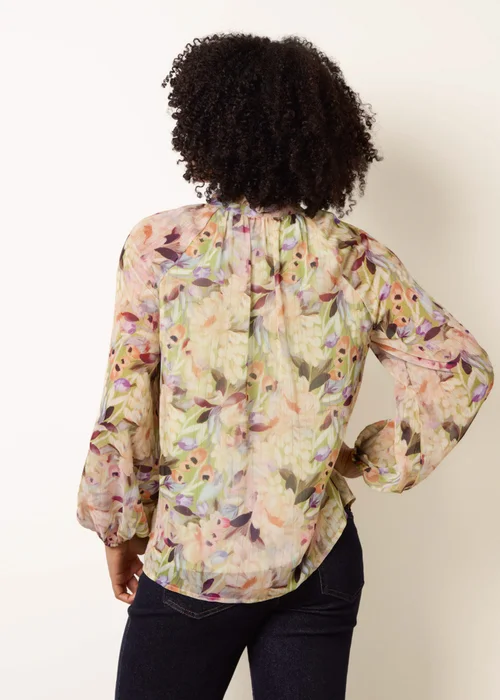 Blue Vanilla Green Watercolour Floral Printed Tie Front Blouse - S Image 4