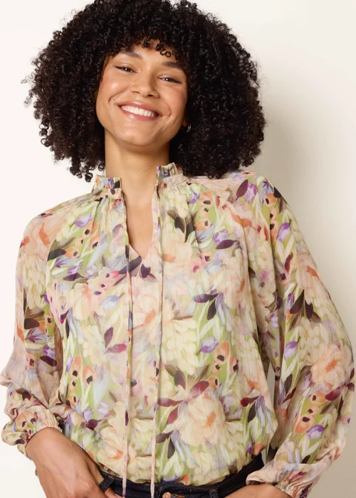 Blue Vanilla Green Watercolour Floral Printed Tie Front Blouse - S Image 3