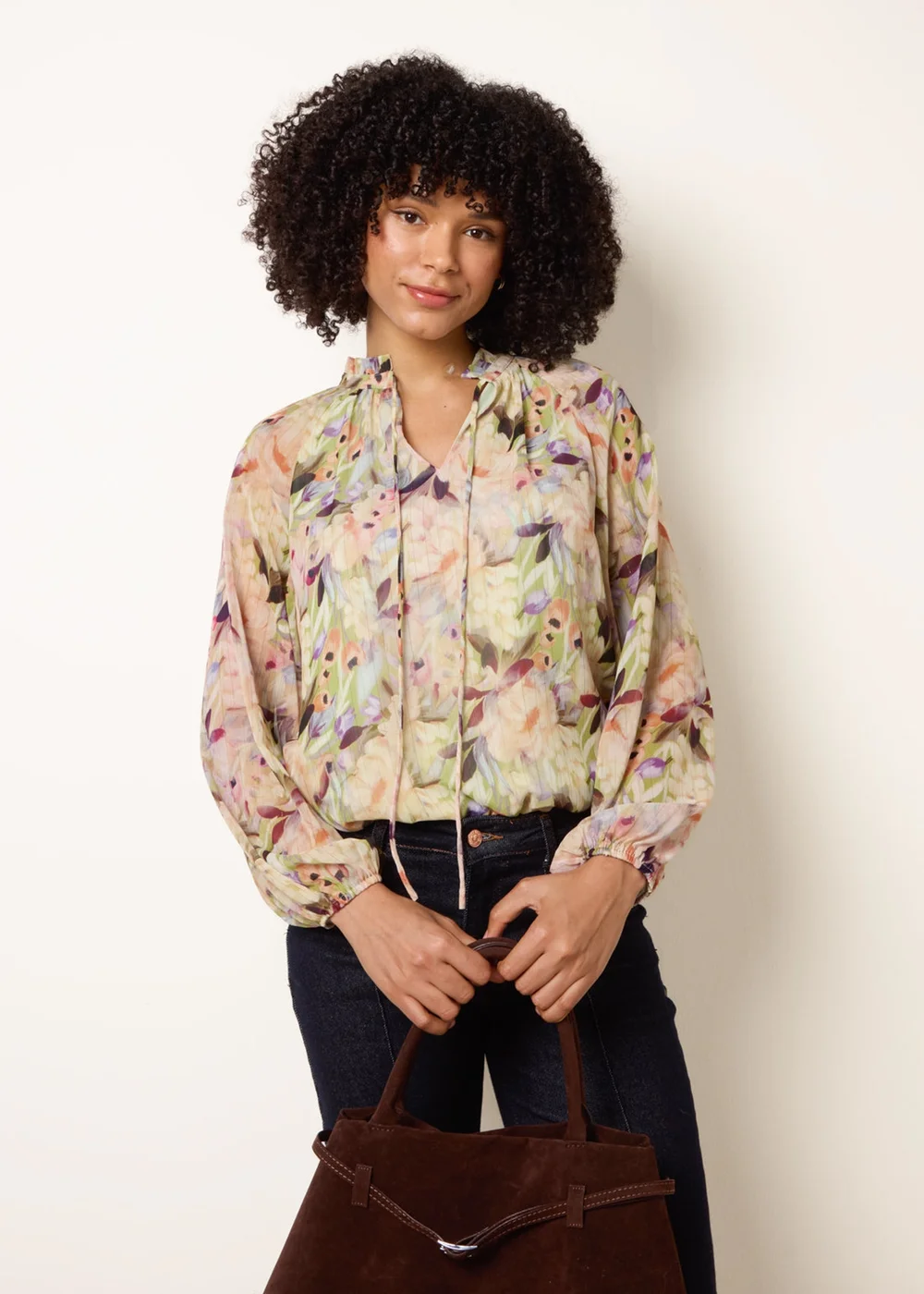 Blue Vanilla Green Watercolour Floral Printed Tie Front Blouse - S Image 1