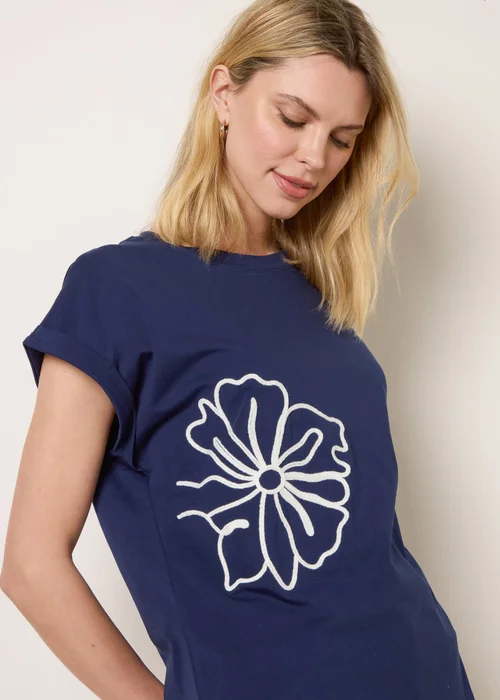 Blue Vanilla Navy T-Shirt With Big Floral Embroidery - S/M Image 3