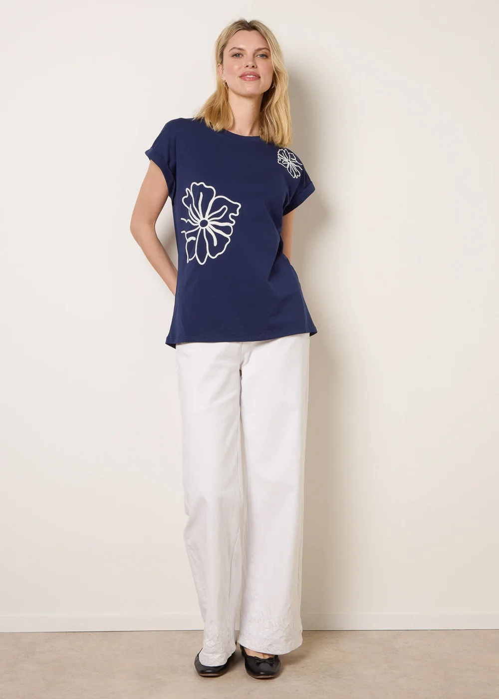 Blue Vanilla Navy T-Shirt With Big Floral Embroidery - S/M Image 2