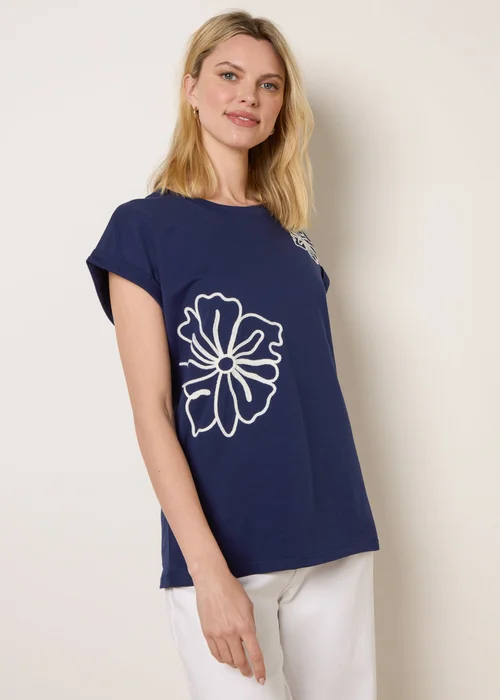 Blue Vanilla Navy T-Shirt With Big Floral Embroidery - S/M Image 1