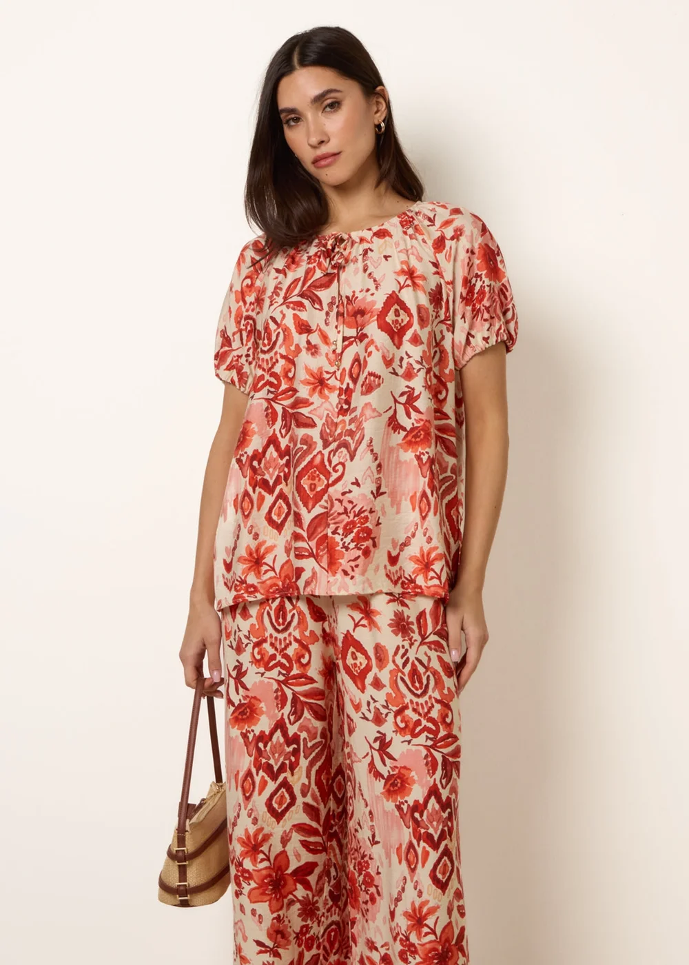 Blue Vanilla Orange Watercolour Floral Print Elasticated Sleeve Top - S Image 2