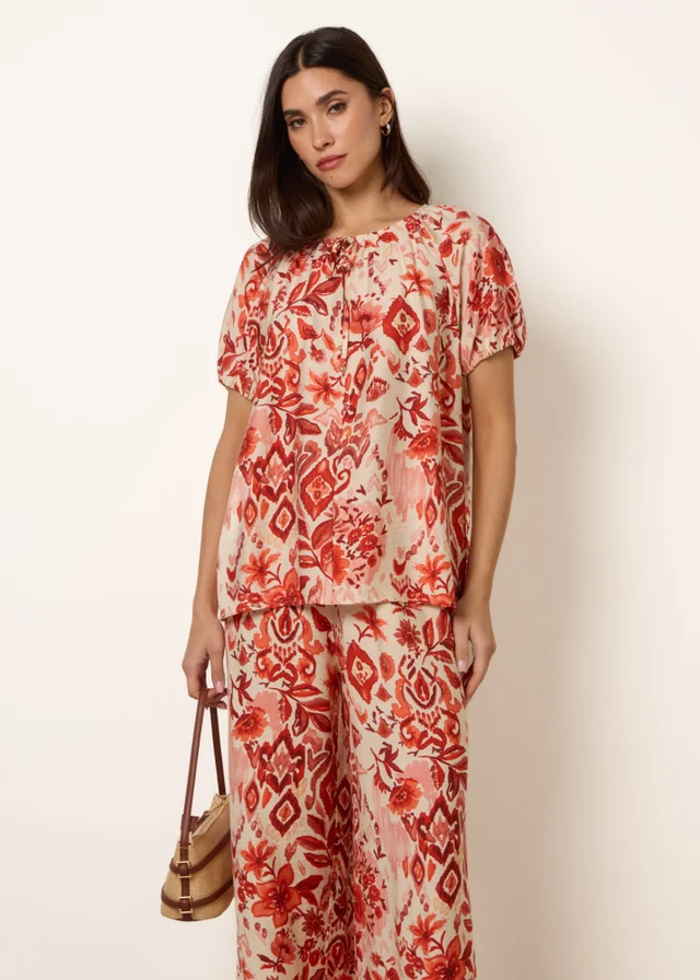 Blue Vanilla Orange Watercolour Floral Print Elasticated Sleeve Top