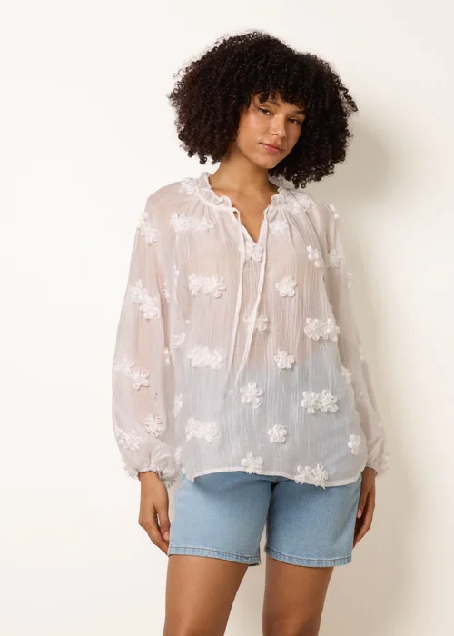 Blue Vanilla Ivory Floral Embroidery Top - S/M Image 3
