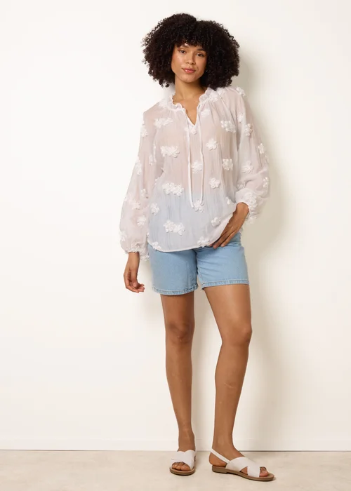 Blue Vanilla Ivory Floral Embroidery Top - S/M Image 1