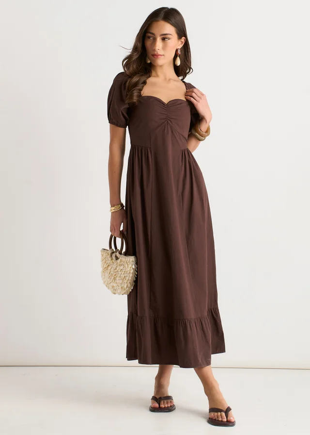 Gini London Brown Gypsy Puff Sleeves Midaxi Dress
