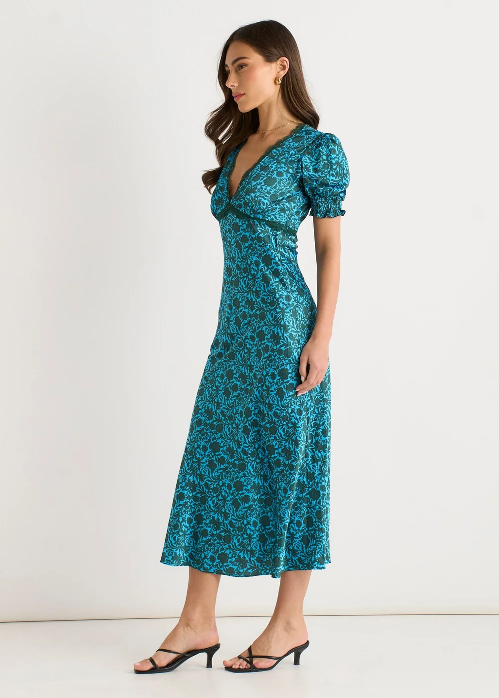Gini London Green Floral Lace Trim V Neck Midi Dress - 8 Image 4