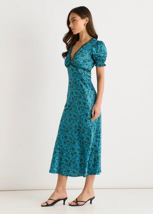 Gini London Green Floral Lace Trim V Neck Midi Dress - 8 Image 4