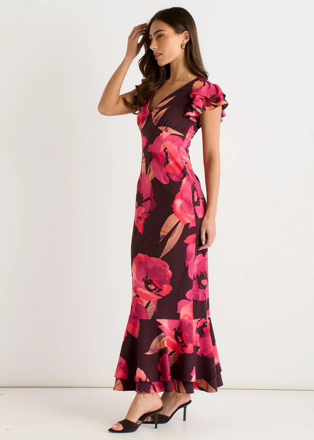 Gini London Brown Ruffle Sleeve Floral Maxi Dress - 10 Image 4