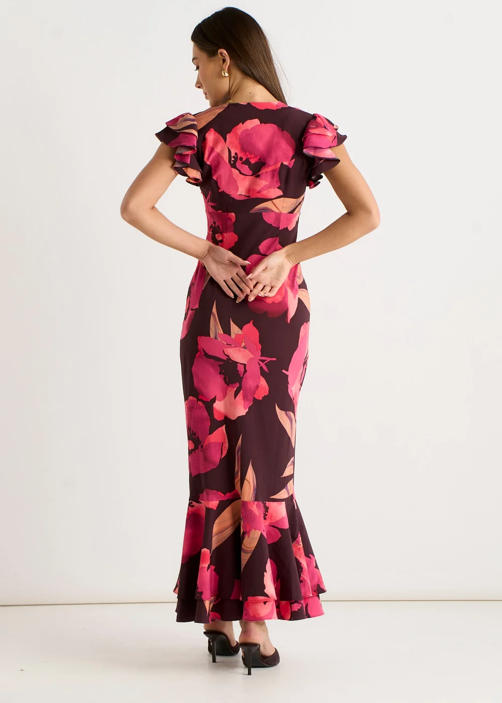 Gini London Brown Ruffle Sleeve Floral Maxi Dress - 10 Image 2