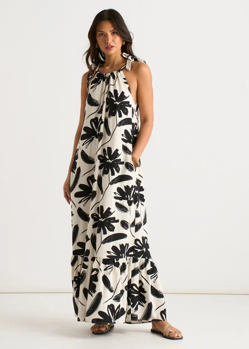 Gini London Mono Stencil Linen Mix Belted Trapeze Dress - S/M Image 1