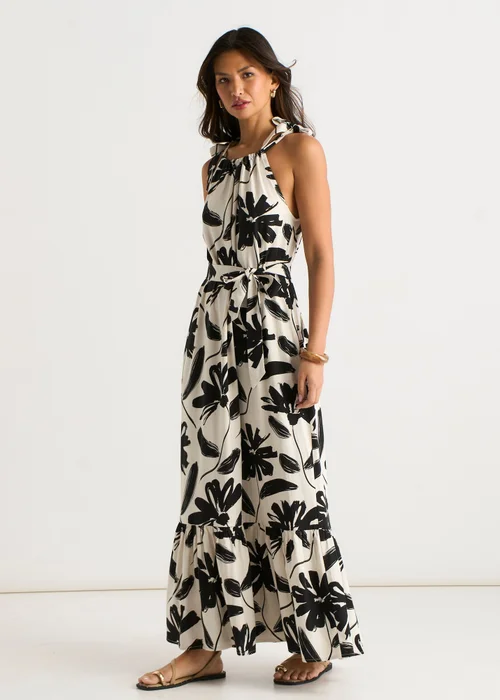 Gini London Mono Stencil Linen Mix Belted Trapeze Dress - S/M Image 4