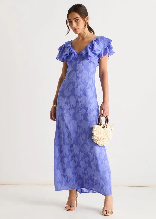Gini London Blue Satin Jacquard Ruffle Maxi Dress