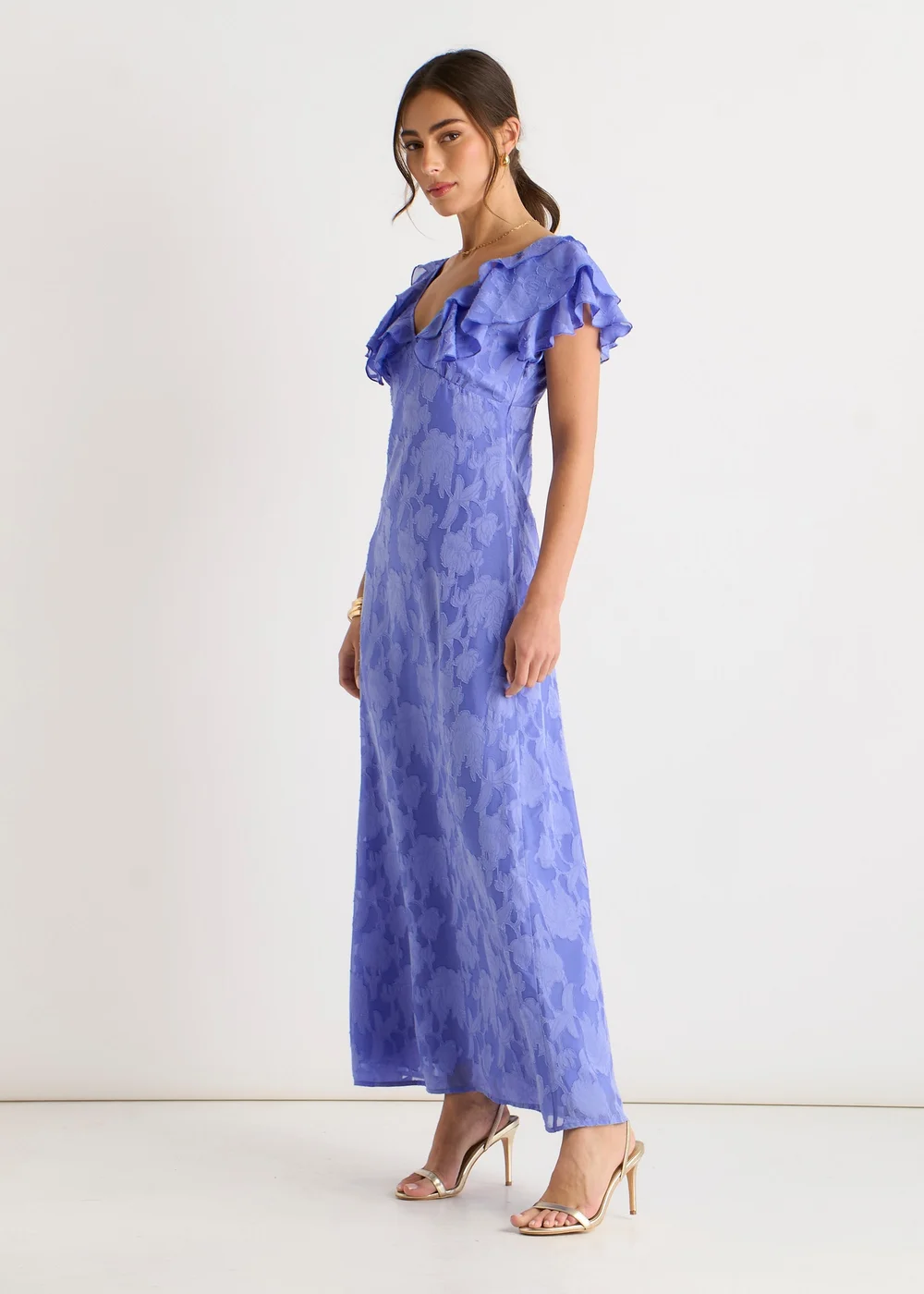 Gini London Blue Satin Jacquard Ruffle Maxi Dress - 14 Image 4