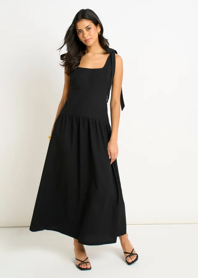 Gini London Black Linen Mix Drop Waist Midi Dress
