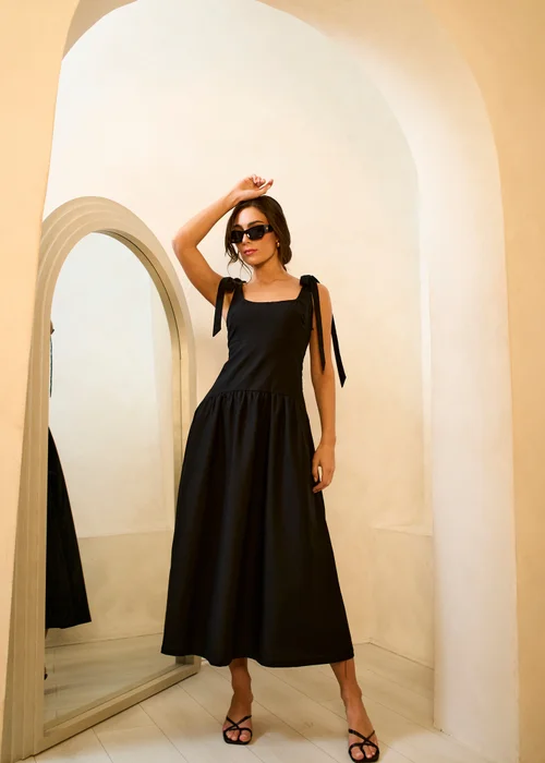 Gini London Black Linen Mix Drop Waist Midi Dress - 10 Image 1