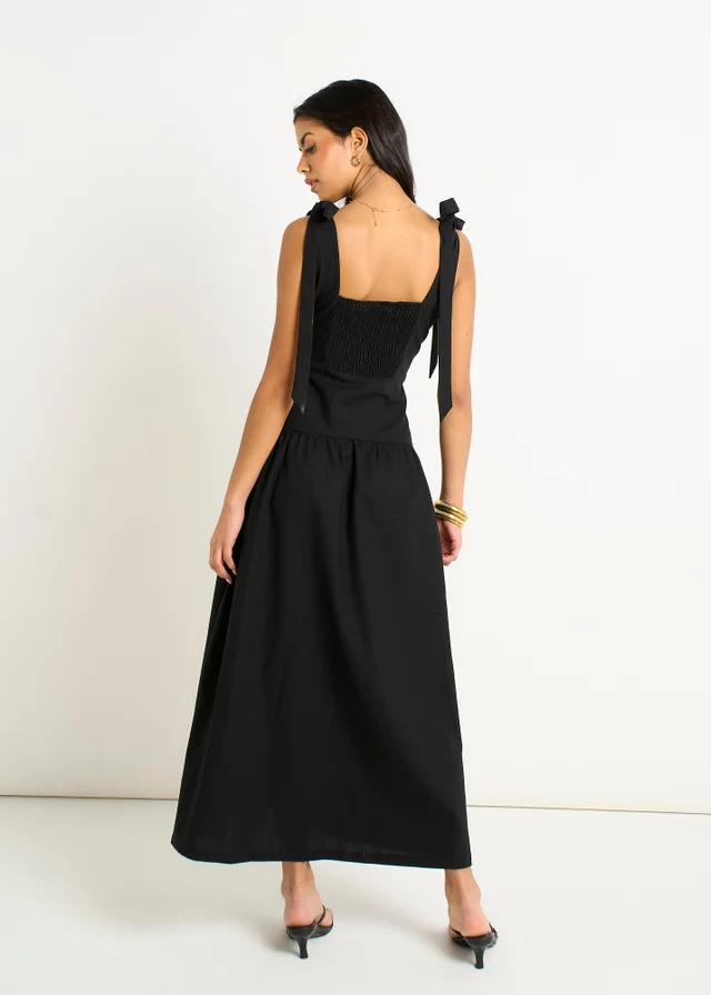 Gini London Black Linen Mix Drop Waist Midi Dress