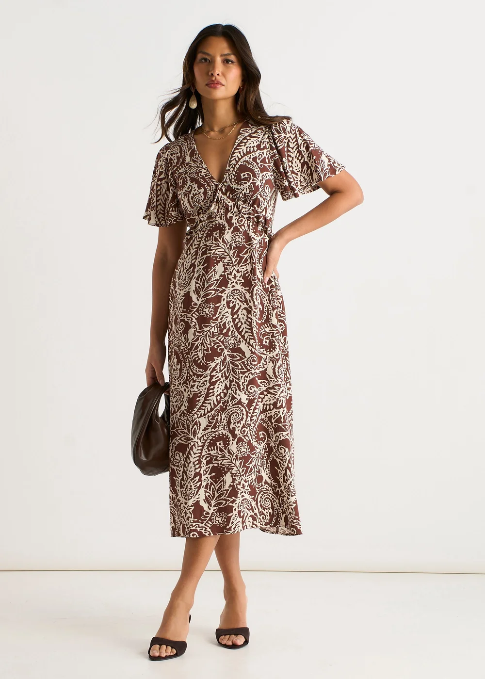 Gini London Chocolate Paisley Print Ruffle Midi Dress - 12 Image 1