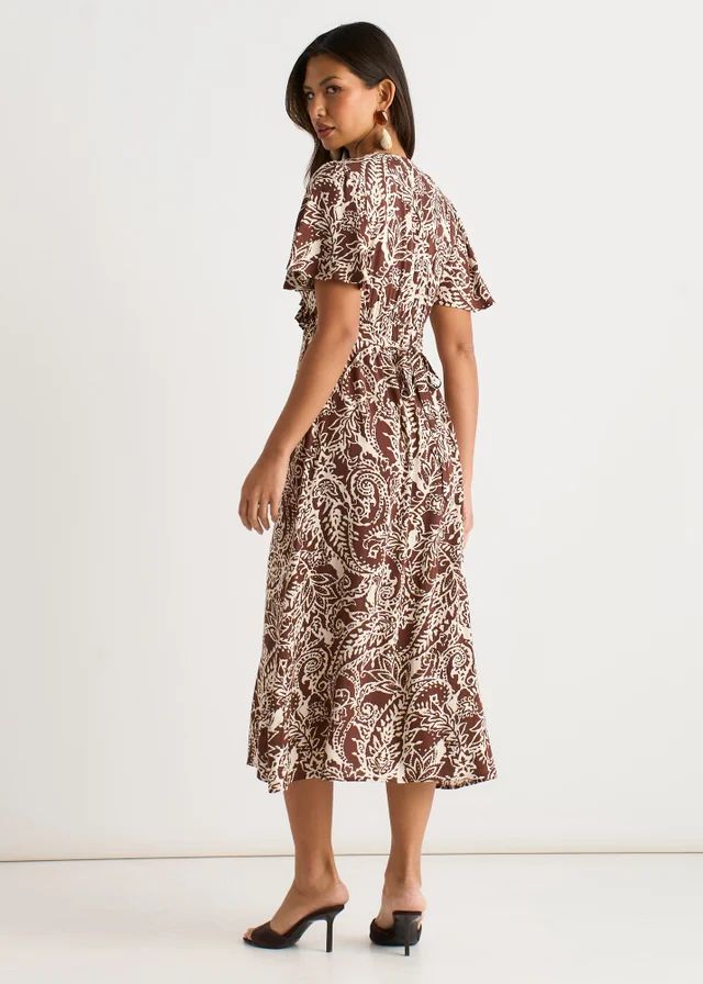 Gini London Chocolate Paisley Print Ruffle Midi Dress