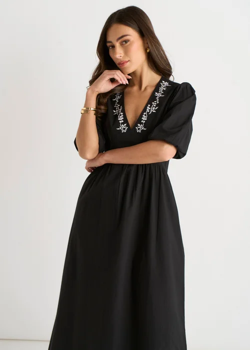 Gini London Black Puff Sleeve Cotton Embroidered Midi Dress - 10 Image 3