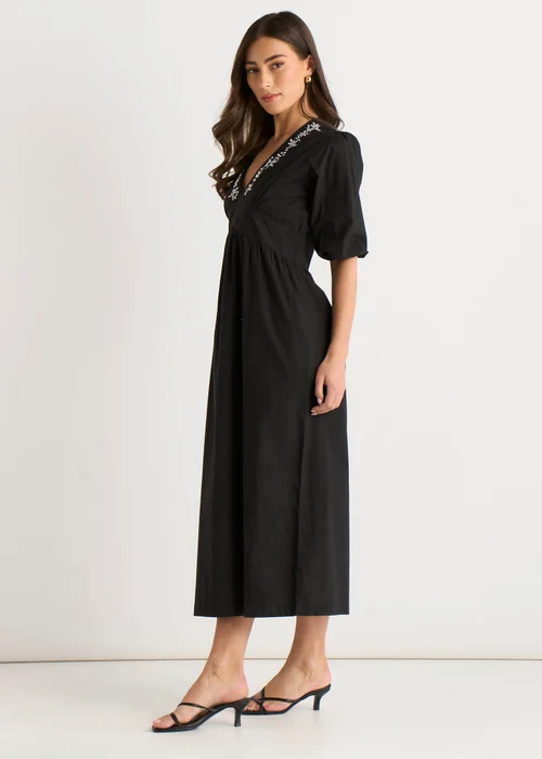 Gini London Black Puff Sleeve Cotton Embroidered Midi Dress - 10 Image 4