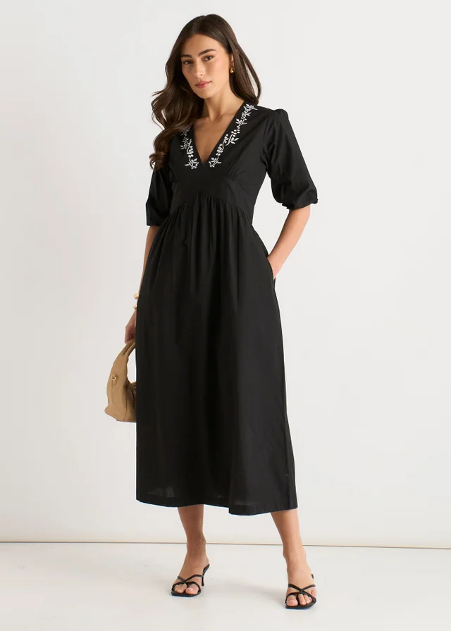 Gini London Black Puff Sleeve Cotton Embroidered Midi Dress