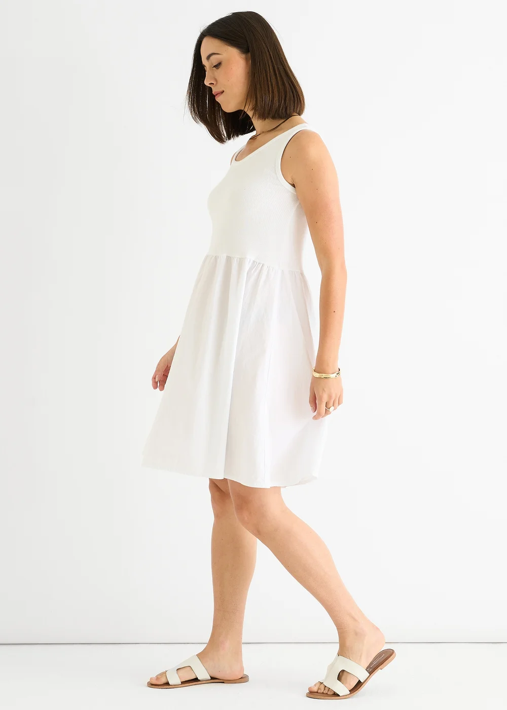 Gini London White Cotton Rib Top Skater Mini Dress - L/XL Image 4