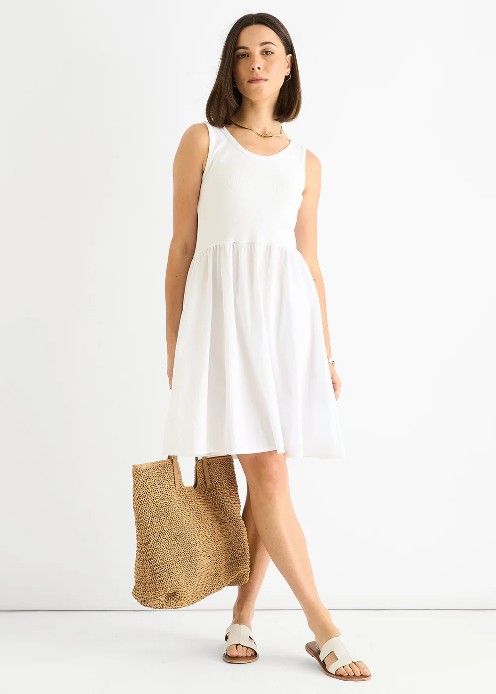 Gini London White Cotton Rib Top Skater Mini Dress - L/XL Image 1