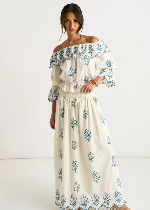 Gini London Marshmallow Cotton Embroidered Skater Maxi Skirt - 14 Image 1