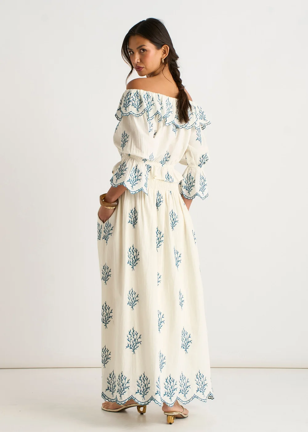 Gini London Marshmallow Cotton Embroidered Skater Maxi Skirt - 14 Image 2