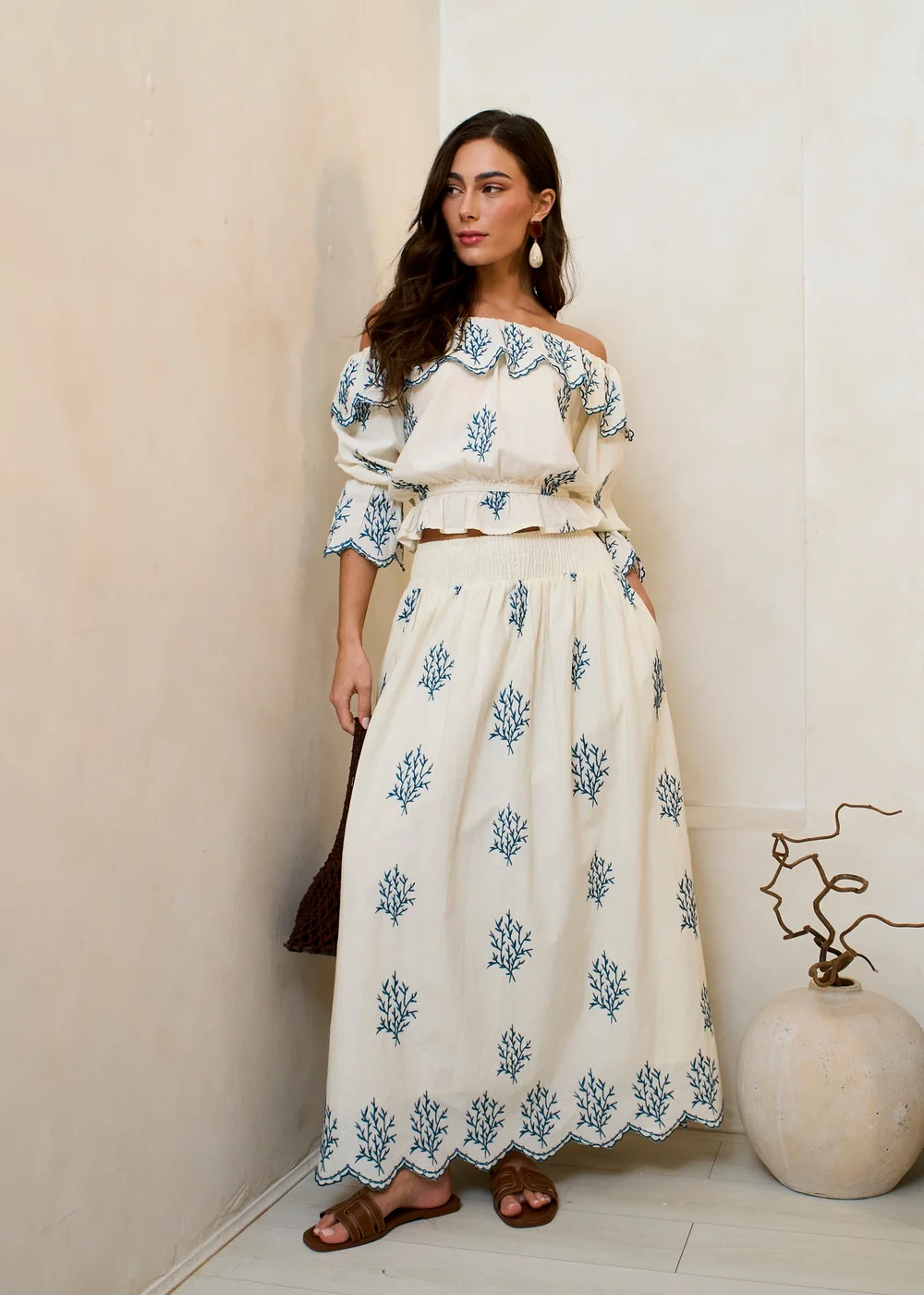 Gini London Marshmallow Cotton Embroidered Skater Maxi Skirt - 14 Image 5