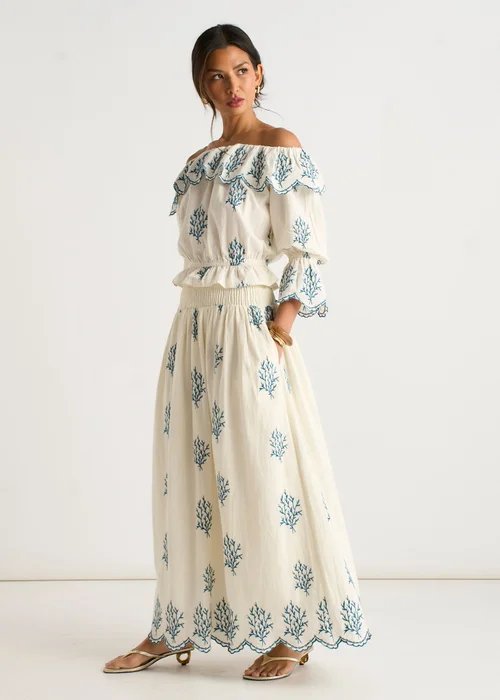 Gini London Marshmallow Cotton Embroidered Skater Maxi Skirt - 14 Image 4