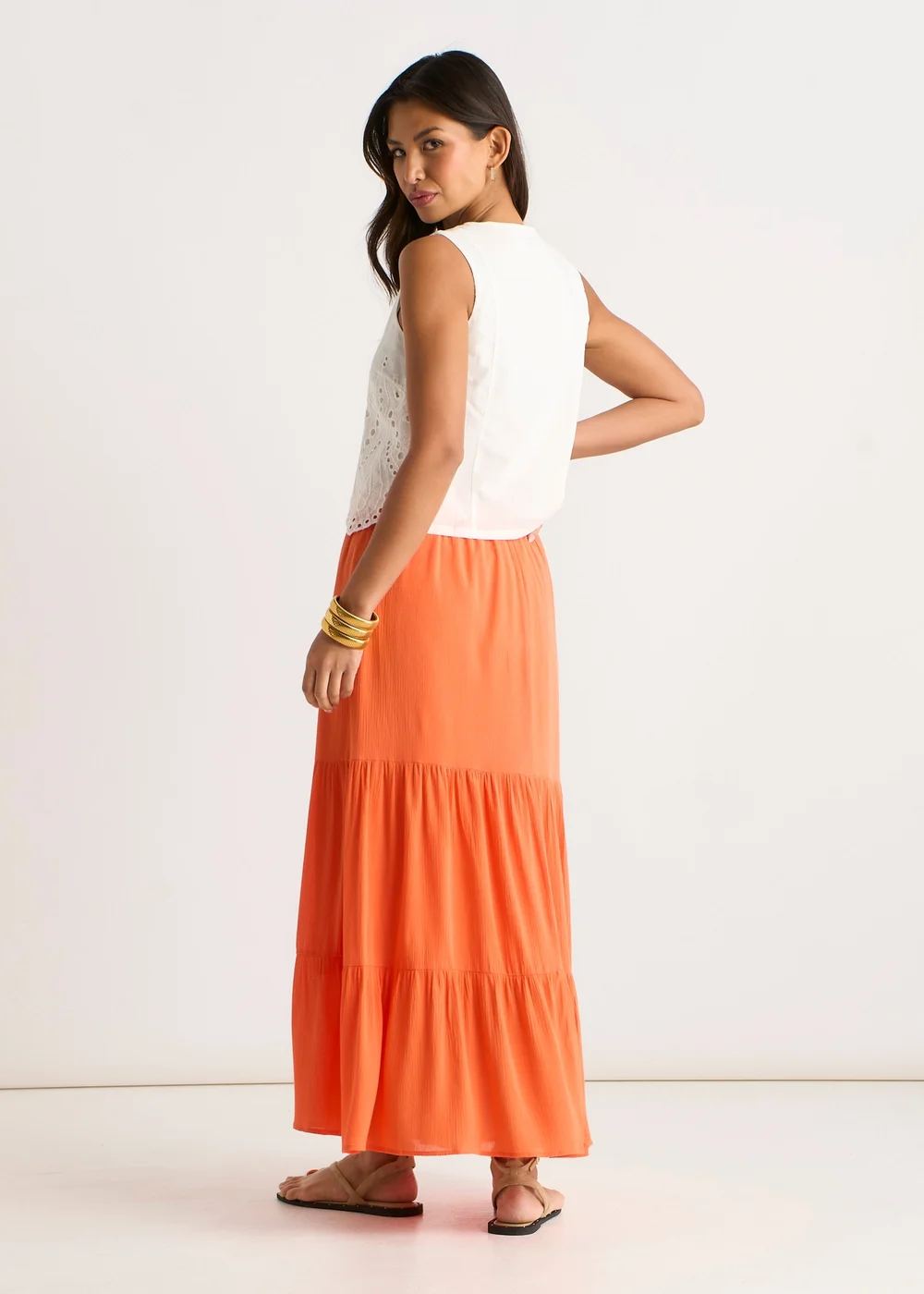 Gini London Orange Viscose Tiered Skater Maxi Skirt - 14 Image 2