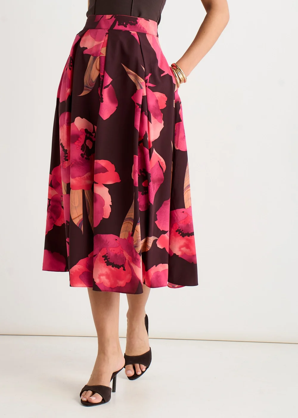 Gini London Brown Large Floral Box Pleat Midi Skirt - 12 Image 3