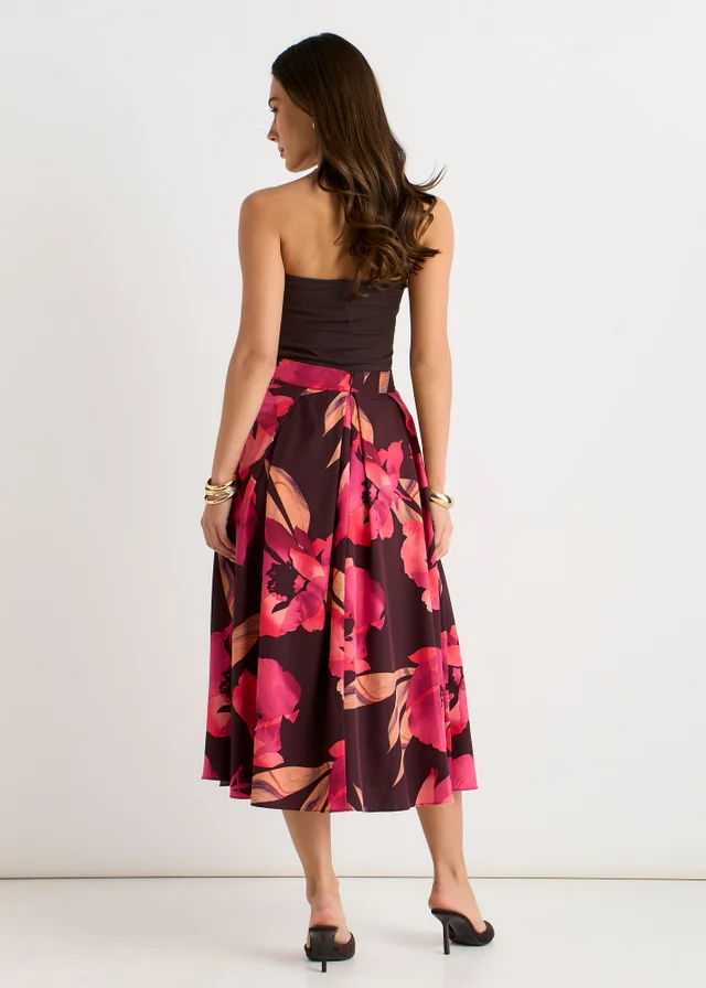 Gini London Brown Large Floral Box Pleat Midi Skirt