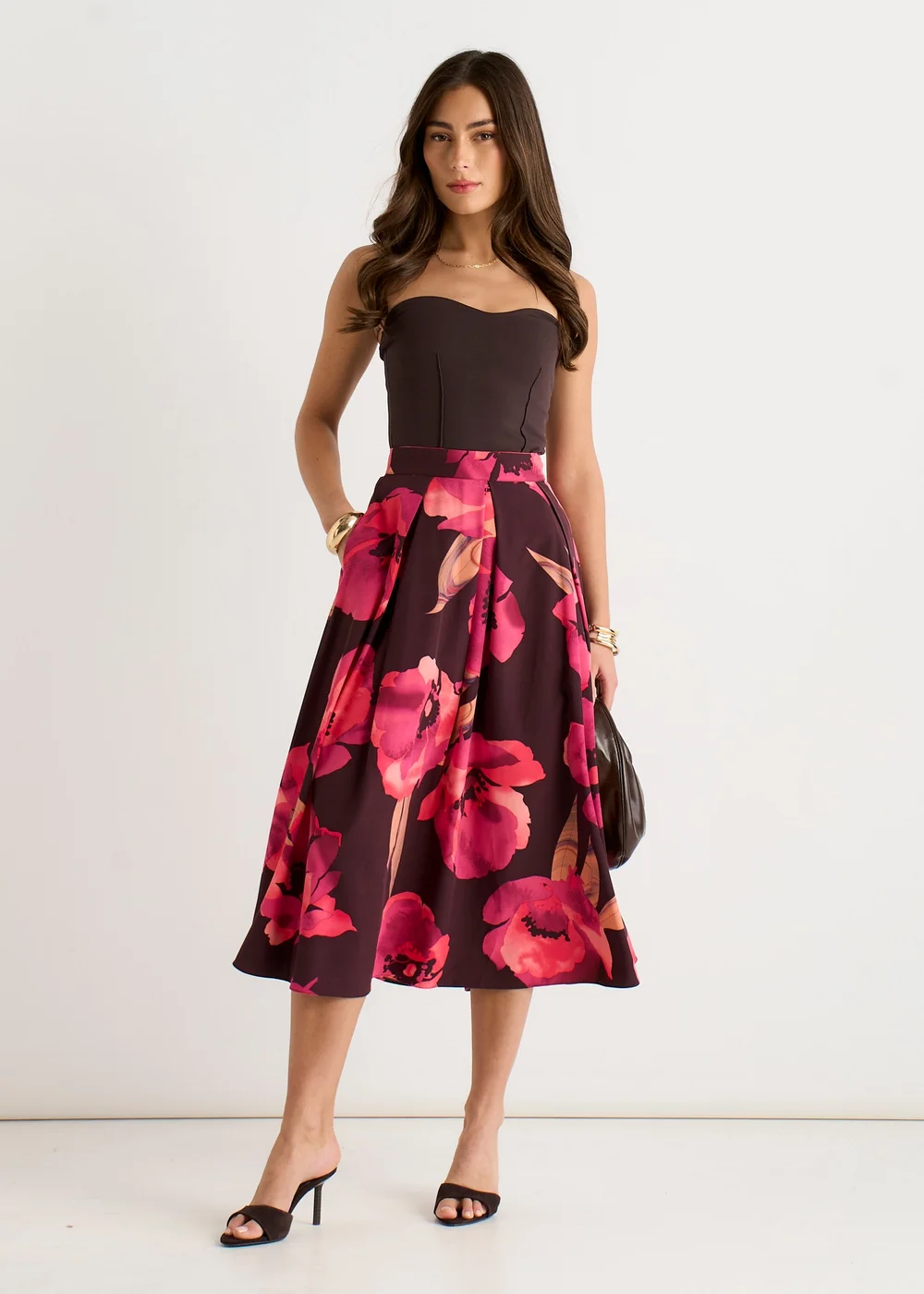 Gini London Brown Large Floral Box Pleat Midi Skirt - 12 Image 4